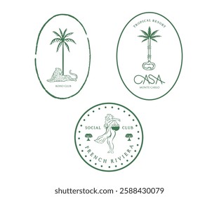 Monaco summer resort vector design, Minimalistic logo design with tropical palm tree, tiger, statue, Vintage holiday island artwork for t shirt, embroidery, Motel logo design