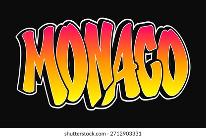 Texto de Mónaco con letras llamativas de estilo graffiti con un relleno de degradado naranja y amarillo vibrante. Esquema en blanco. Destacando sobre un fondo negro liso. Representando la estética del arte callejero