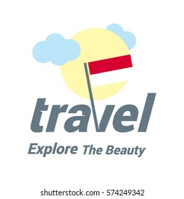 Monaco Travel Country Flag Logo. Explore the The Beauty lettering with Sun and Clouds and creative waving flag. travel company logo design - vector illustration