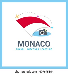 Monaco Travel, Discover, Capture logo - Vector travel Photographer logo design - Country Flag Travel, Discover and Photographer Conceptual logotype - vector illustration