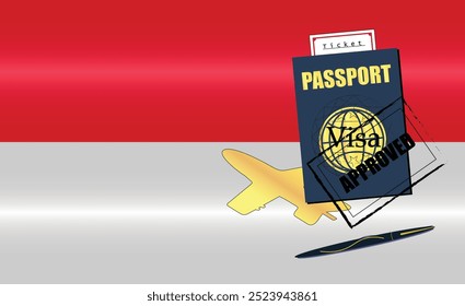 Monaco Travel Documentation Concept with blue Passport and Monaco Flag. Approved Stamp. Airplane and Travel Tickets. Ideal for Immigration Tourism and Traveling Themes. Vector EPS available