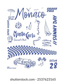 Projeto vetor de férias de Mônaco, arte de férias de verão europeu para t shirt, cartaz, impressão gráfica, dias de ilha de verão 