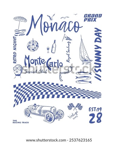 Monaco vacation vector design, European summer holidays artwork for t shirt, poster, graphic print, summer island days 