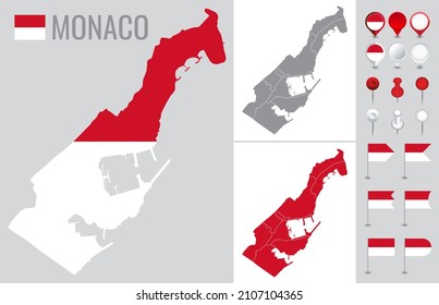 Monaco vector map with flag, globe and icons on white background