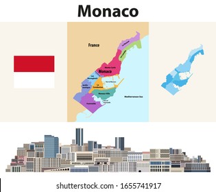 Monaco wards map with neighbouring territories. Cityscape of Monte Carlo, Monaco. Vector illustration