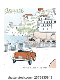 Monaco watercolor vector art, European summer vacation destination artwork for t shirt, poster, wall art, graphic print, Vintage Monaco racing track illustration, French Riviera travel