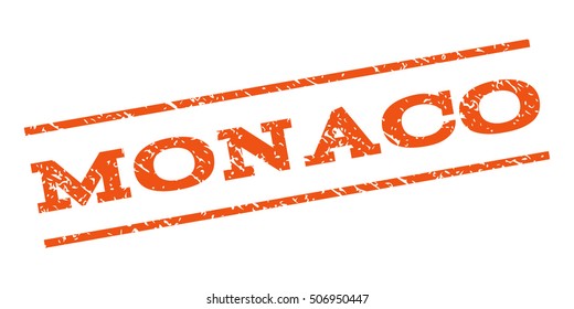 Monaco watermark stamp. Text caption between parallel lines with grunge design style. Rubber seal stamp with dust texture. Vector orange color ink imprint on a white background.