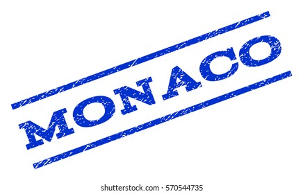 Monaco watermark stamp. Text caption between parallel lines with grunge design style. Rotated rubber seal stamp with dirty texture. Vector blue ink imprint on a white background.