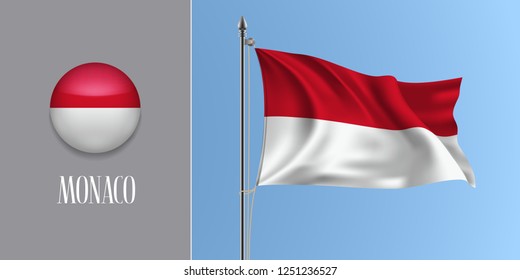 Monaco waving flag on flagpole and round icon vector illustration. Realistic 3d mockup of red white Monacan flag and circle button 