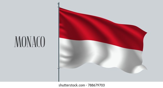Monaco waving flag on flagpole vector illustration. Two stripes element of Monegasque wavy realistic flag as a symbol of country