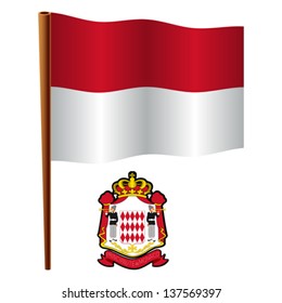 monaco wavy flag and coat of arm against white background, vector art illustration, image contains transparency