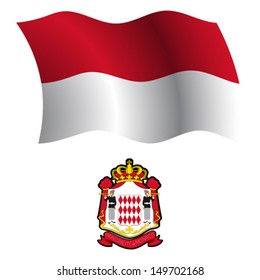 monaco wavy flag and coat of arm against white background, vector art illustration, image contains transparency