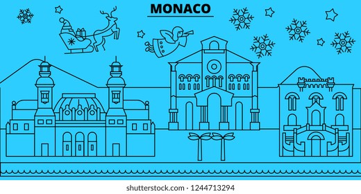 Monaco winter holidays skyline. Merry Christmas, Happy New Year decorated banner with Santa Claus.Monaco linear christmas city vector flat illustration