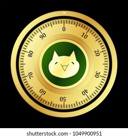 Monacoin (MONA) cryptocurrency safe lock. Eps10 vector illustration isolated on black background.