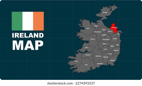 Monaghan Map, Monaghan red highlighted in Ireland map, flat design illustration vector