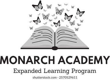 The Monarch Academy Expanded Learning Program logo shows an open book with butterflies flying out, symbolizing growth and learning. The butterflies are in black and gray. The text "MONARCH ACADEMY".