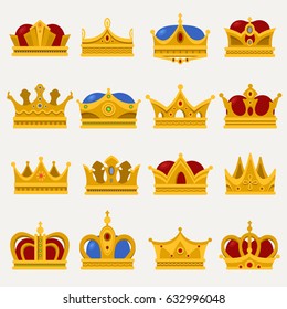 Monarch blinking crown or king, prince or pope tiara, queen or princess glowing headdress. Set of isolated golden royalty sign or imperial emblem with diadem. Jewelry and game award icon, victorian