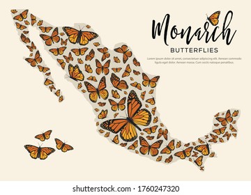 Monarch Butterflies from Angangueo, Michoacán; México. Mexican Map Composition – Copy Space