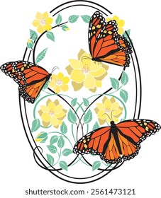 Monarch butterflies with flowers and black and orange