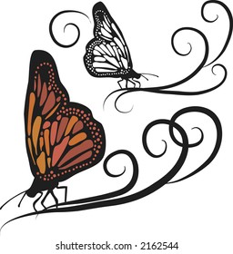 Monarch butterflies illustrated in a romantic set of design elements. File contains no gradients.