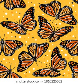 Monarch butterflies. Seamless pattern with vector hand drawn illustrations