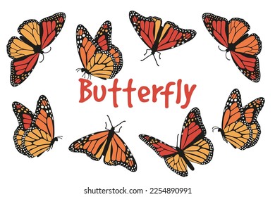 Monarch butterflies set. Vector illustration isolated on white background. Clip for wedding invitation or greeting cards