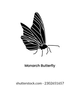 Monarch butterfly black fill icon. Dangerous insect with deadly venom. Vector illustration in trendy style. Editable graphic resources for many purposes.