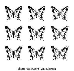 Dibujo de silueta vectorial de colección de mariposa monarca con alas abiertas. Infecto migratorio volador. Las mariposas representan un símbolo del verano y la belleza de la naturaleza. Cartel de arte de mariposa.