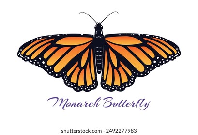 Monarch butterfly emblem. Flying insect isolated vector illustration