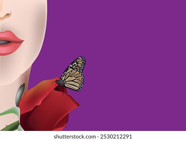 Monarch butterfly is landing on a red rose held by a beautiful woman on a purple background