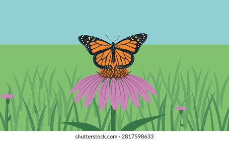 Monarch butterfly perched on a vibrant purple coneflower in a grassy meadow under a clear blue sky, capturing a serene natural scene.