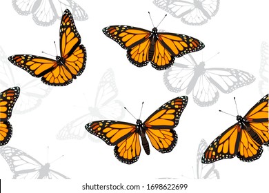 Conjunto de mariposas monarca ilustración de patrón vectorial transparente