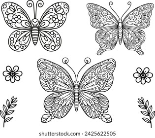 Colección de siluetas de mariposa monarca, ilustración vectorial aislada sobre fondo blanco