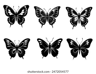 Siluetas de mariposa monarca colección, Ilustración vectorial aislada sobre fondo blanco