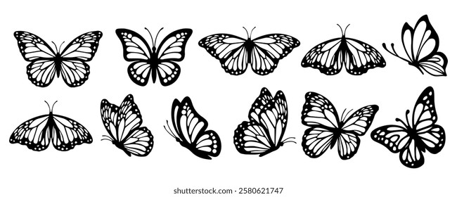 Monarch butterfly silhouettes collection, vector illustration isolated on white background