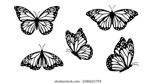 Monarch butterfly silhouettes collection. vector isolated on white background