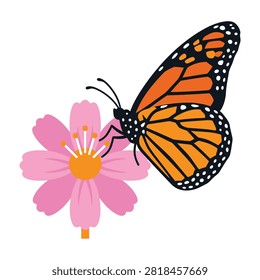 A monarch butterfly sips nectar from a vibrant pink flower in a serene garden setting