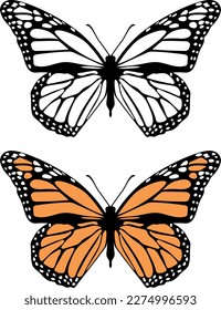 A Monarch butterfly vector illustration in color and silhouette.