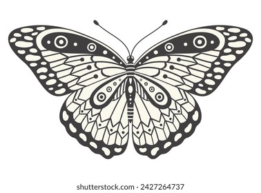 Mariposa monarca, ilustración vectorial. Estética de estilo Y2k, formas de alas en vista frontal, un símbolo ornamental mágico. Elemento monocromo blanco y negro, impresión gráfica del tatuaje con el patrón