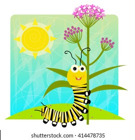 Monarch Caterpillar Holding Flower - Cute cartoon monarch caterpillar holding flower. Eps10