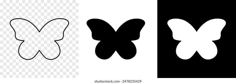 Monarch or chameleon butterfly icons on transparent, white and black background. Flying insect silhouettes. Vector graphic illustration