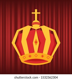 Monarch crown with gems and golden cross, metal royal hat. Coronation ornate element, jewelry symbol, kings corona on red curtain, leadership vector