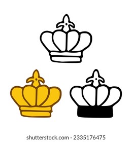 Icono de la corona monarca conjunto en estilos de doodles aislados en fondo blanco. Signo real o reina, símbolo de autoridad