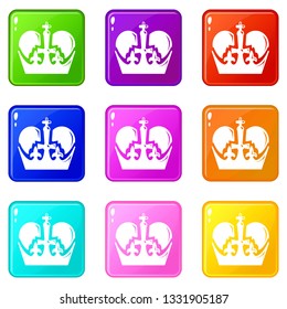 Monarch crown icons set 9 color collection isolated on white for any design