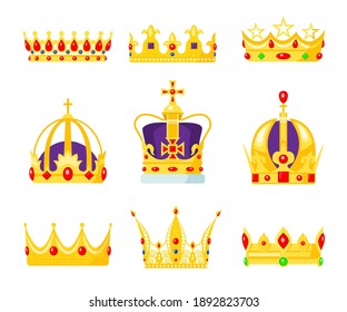 Monarch crown set. King or queens jewelry, royal authority symbol, gold jewel for prince and princess. Vector illustration for monarchy, jewelry, kingdom, empire, royalty concept