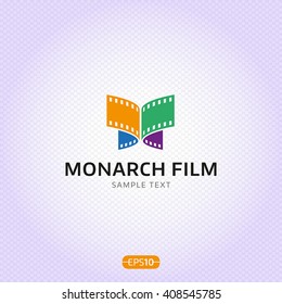 Monarch Film production logo design. Colorful butterfly celluloid vector sign template for video, movie and cinema. Simple and clear logotype concept