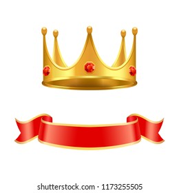 Monarch or king gem-incrusted crown and festive satin ribbon isolated vector. Majestic imperial diadem shiny jewelry and curled tape heraldic symbols.