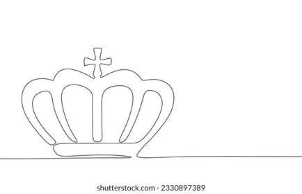 Monarch minimal banner. One line continuous with crown vector illustration. Outline, line art silhouette, monoline.