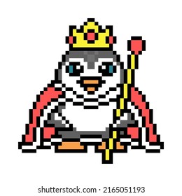 Monarch penguin in a red cape, golden crown with a scepter, pixel art animal character on white background. Old school retro 80s, 90s 8 bit slot machine, video game graphics. Cartoon king bird mascot.