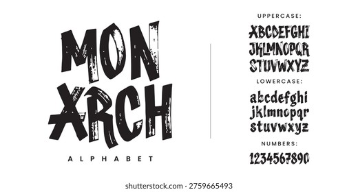 Monarch vintage rough display font with grunge texture and blocky woodcut style for retro badge label apparel design